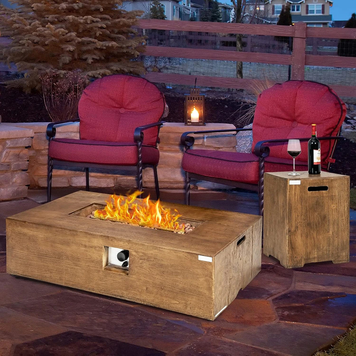2 Pieces Outdoor Propane Fire Pit Table Set, Patiojoy 48 Inch Rustic 50,000 BTU Rectangular Gas Fire Pit Table with 20 Lbs Tank Side Table, Lava Rocks, Cover for Patio, Garden, Yard — product view 9