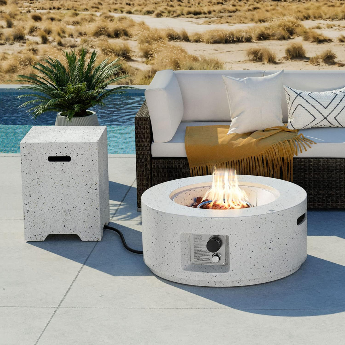 2-Piece Outdoor Propane Fire Pit Table Set W Tank Table, 28" Terrazzo round Fire Table (Certified, 40,000 BTU) W 16" Tank Cover Side Table 20Lb, Waterproof Cover for Garden, Pool, Backyard