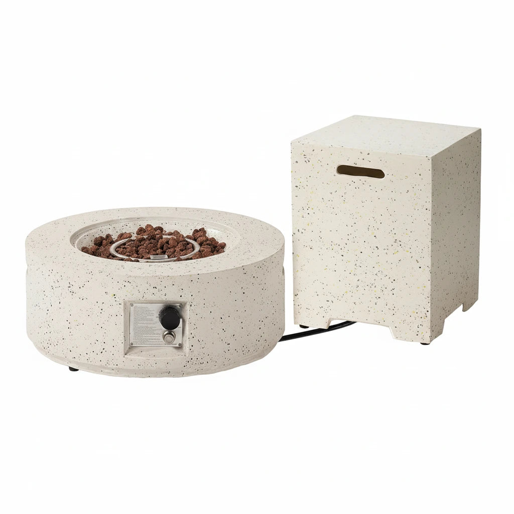 2-Piece Outdoor Propane Fire Pit Table Set W Tank Table, 28" Terrazzo round Fire Table (Certified, 40,000 BTU) W 16" Tank Cover Side Table 20Lb, Waterproof Cover for Garden, Pool, Backyard