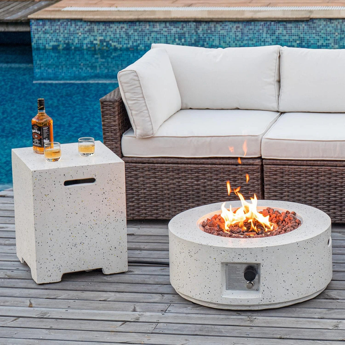 2-Piece Outdoor Propane Fire Pit Table Set W Tank Table, 28" Terrazzo round Fire Table (Certified, 40,000 BTU) W 16" Tank Cover Side Table 20Lb, Waterproof Cover for Garden, Pool, Backyard — product view 3