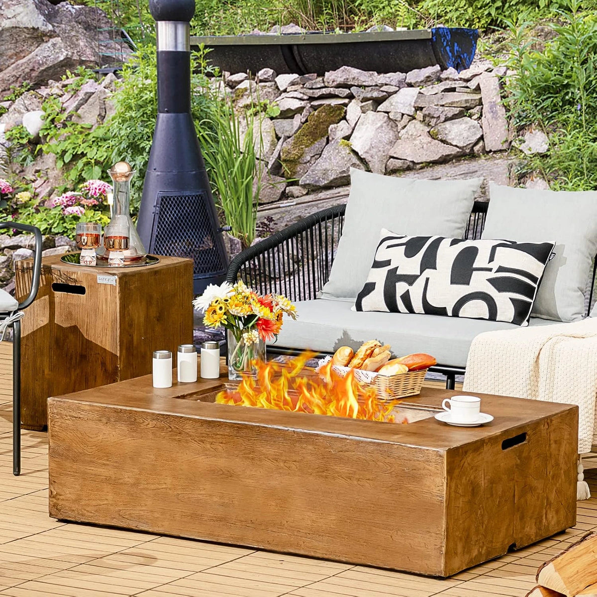 2 Pieces Outdoor Propane Fire Pit Table Set, Patiojoy 48 Inch Rustic 50,000 BTU Rectangular Gas Fire Pit Table with 20 Lbs Tank Side Table, Lava Rocks, Cover for Patio, Garden, Yard — product view 2