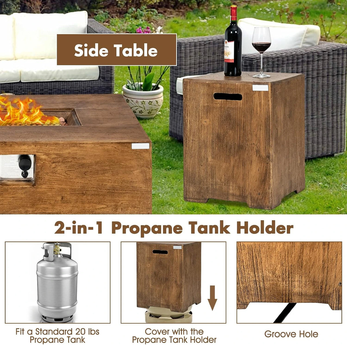 2 Pieces Outdoor Propane Fire Pit Table Set, Patiojoy 48 Inch Rustic 50,000 BTU Rectangular Gas Fire Pit Table with 20 Lbs Tank Side Table, Lava Rocks, Cover for Patio, Garden, Yard — product view 3