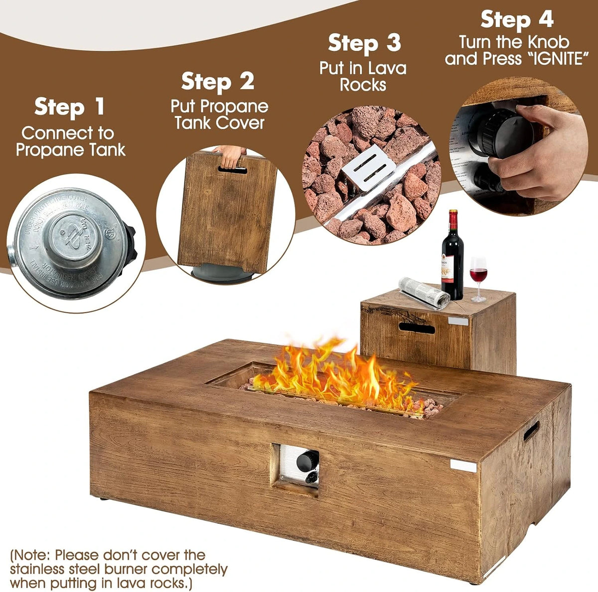 2 Pieces Outdoor Propane Fire Pit Table Set, Patiojoy 48 Inch Rustic 50,000 BTU Rectangular Gas Fire Pit Table with 20 Lbs Tank Side Table, Lava Rocks, Cover for Patio, Garden, Yard — product view 4