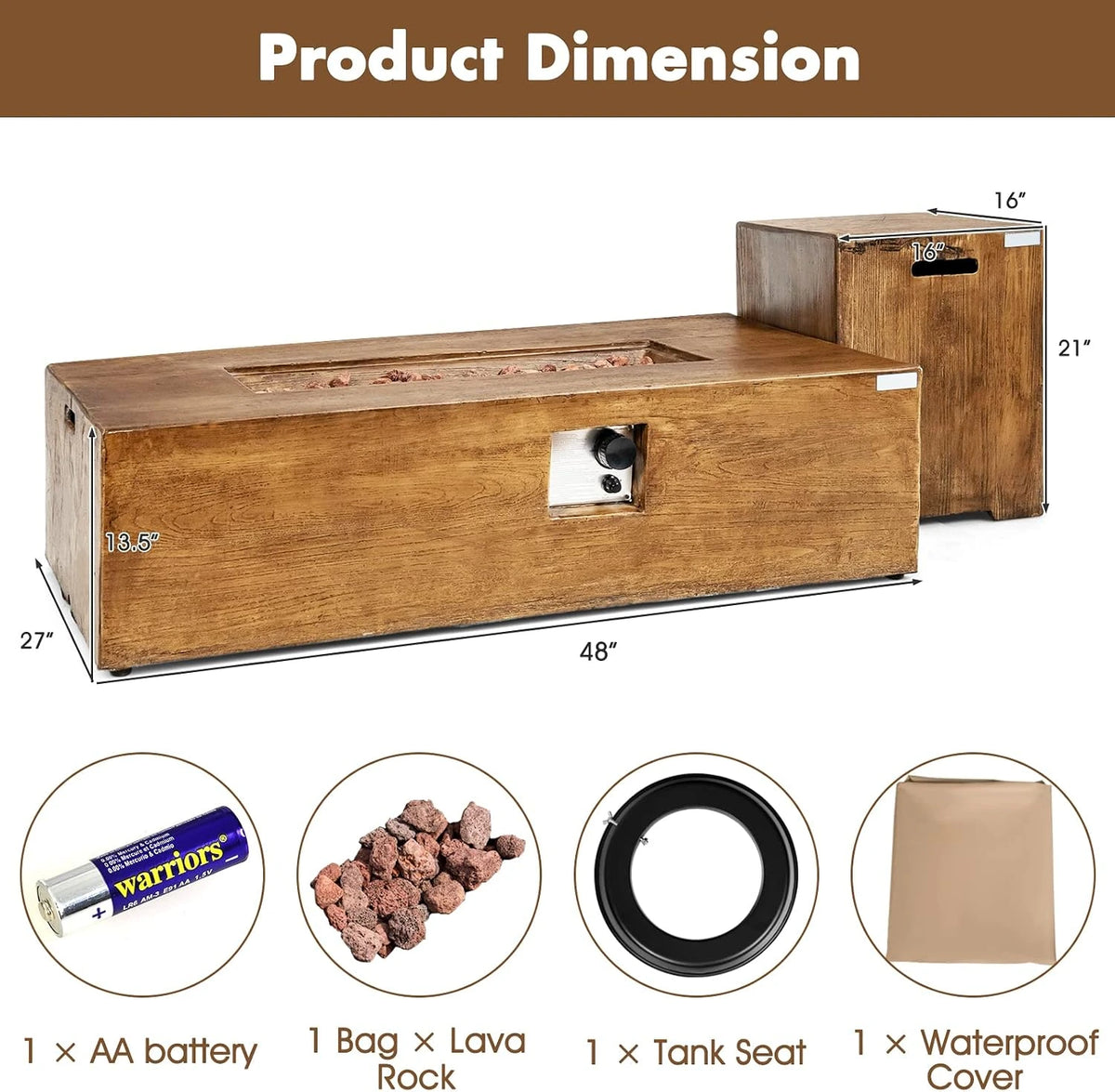 2 Pieces Outdoor Propane Fire Pit Table Set, Patiojoy 48 Inch Rustic 50,000 BTU Rectangular Gas Fire Pit Table with 20 Lbs Tank Side Table, Lava Rocks, Cover for Patio, Garden, Yard — product view 5