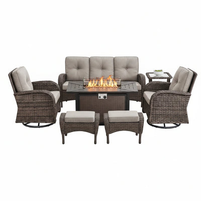 7-Piece Rattan Wicker Patio Set with Fire Pit Table