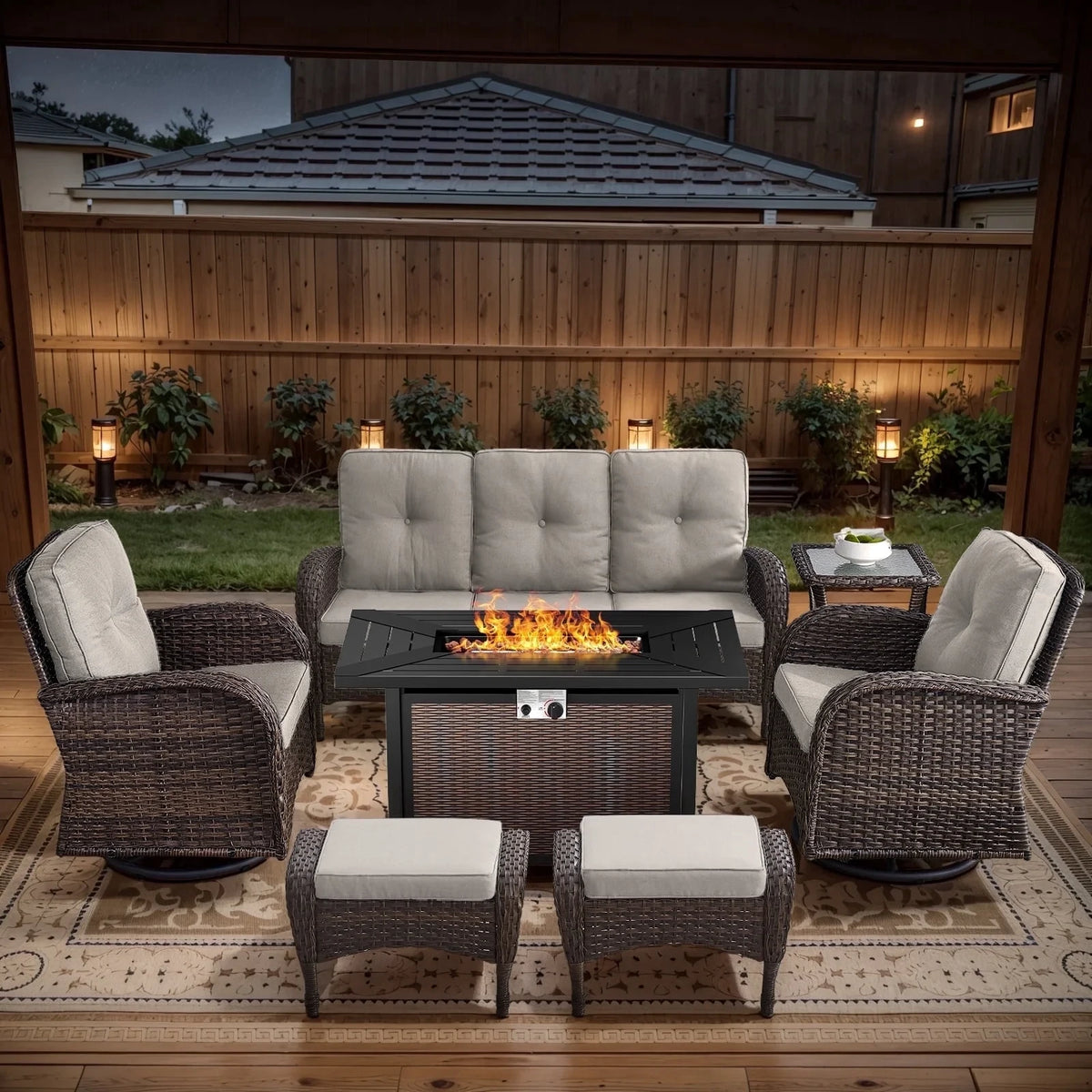 7 Piece Outdoor Patio Furniture Set, Patio Furniture Set with Fire Pit Table Rattan Wicker Patio Furniture Set, Brown Wicker & Beige Cushion — product view 10