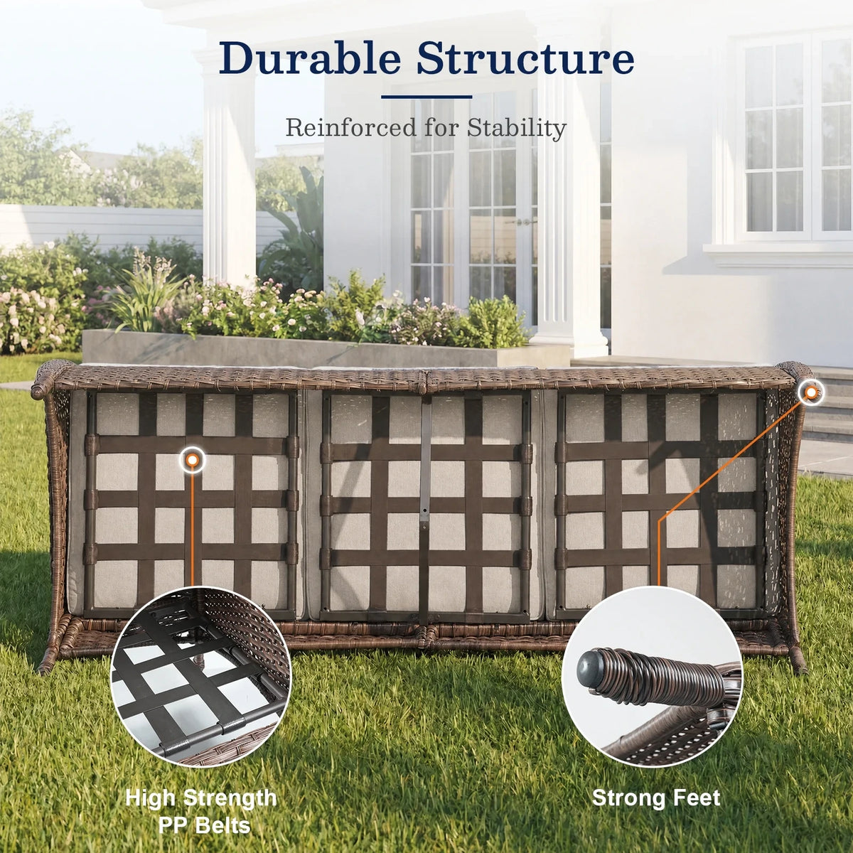 7 Piece Outdoor Patio Furniture Set, Patio Furniture Set with Fire Pit Table Rattan Wicker Patio Furniture Set, Brown Wicker & Beige Cushion — product view 12