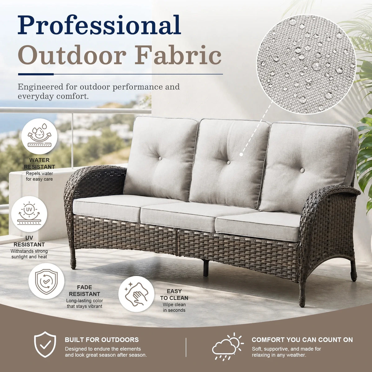 7 Piece Outdoor Patio Furniture Set, Patio Furniture Set with Fire Pit Table Rattan Wicker Patio Furniture Set, Brown Wicker & Beige Cushion — product view 16