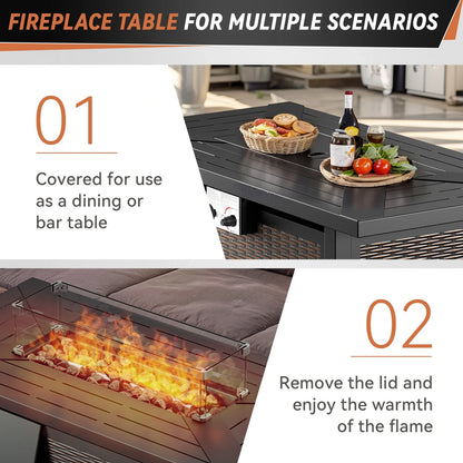 7 Piece Outdoor Patio Furniture Set, Patio Furniture Set with Fire Pit Table Rattan Wicker Patio Furniture Set, Brown Wicker & Beige Cushion — product view 3