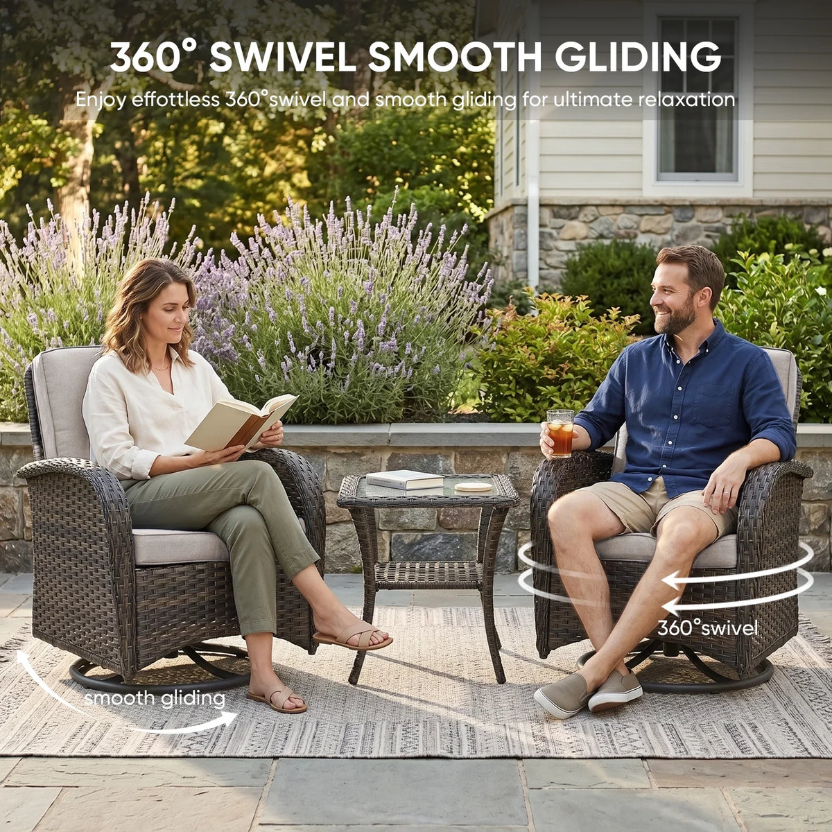 7 Piece Outdoor Patio Furniture Set, Patio Furniture Set with Fire Pit Table Rattan Wicker Patio Furniture Set, Brown Wicker & Beige Cushion — product view 5