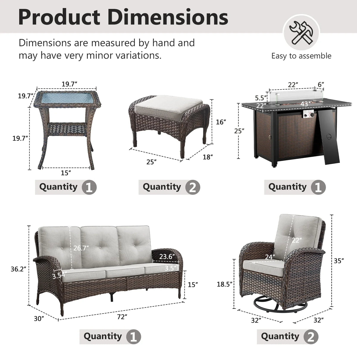 7 Piece Outdoor Patio Furniture Set, Patio Furniture Set with Fire Pit Table Rattan Wicker Patio Furniture Set, Brown Wicker & Beige Cushion — product view 6