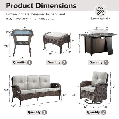 7 Piece Outdoor Patio Furniture Set, Patio Furniture Set with Fire Pit Table Rattan Wicker Patio Furniture Set, Brown Wicker & Beige Cushion — product view 6