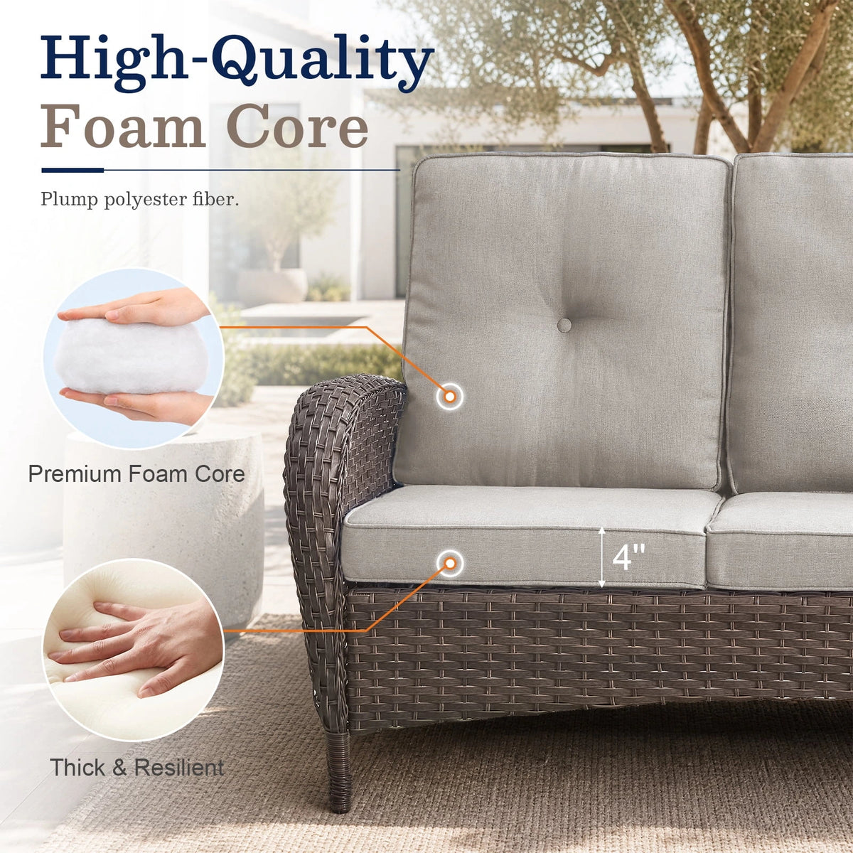 7 Piece Outdoor Patio Furniture Set, Patio Furniture Set with Fire Pit Table Rattan Wicker Patio Furniture Set, Brown Wicker & Beige Cushion — product view 7