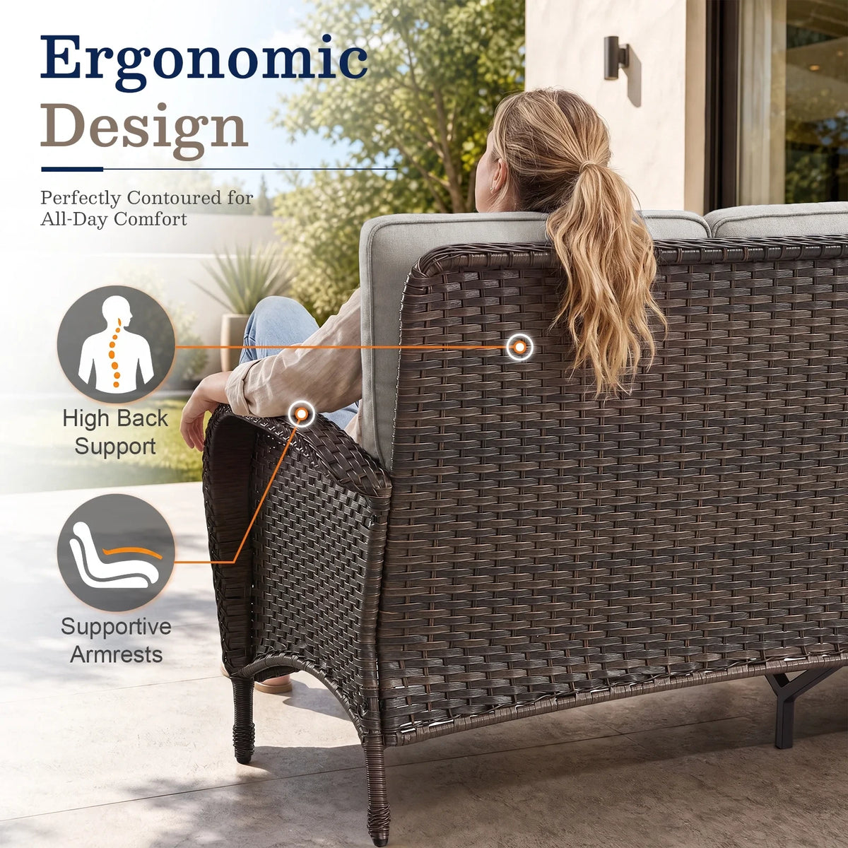 7 Piece Outdoor Patio Furniture Set, Patio Furniture Set with Fire Pit Table Rattan Wicker Patio Furniture Set, Brown Wicker & Beige Cushion — product view 8