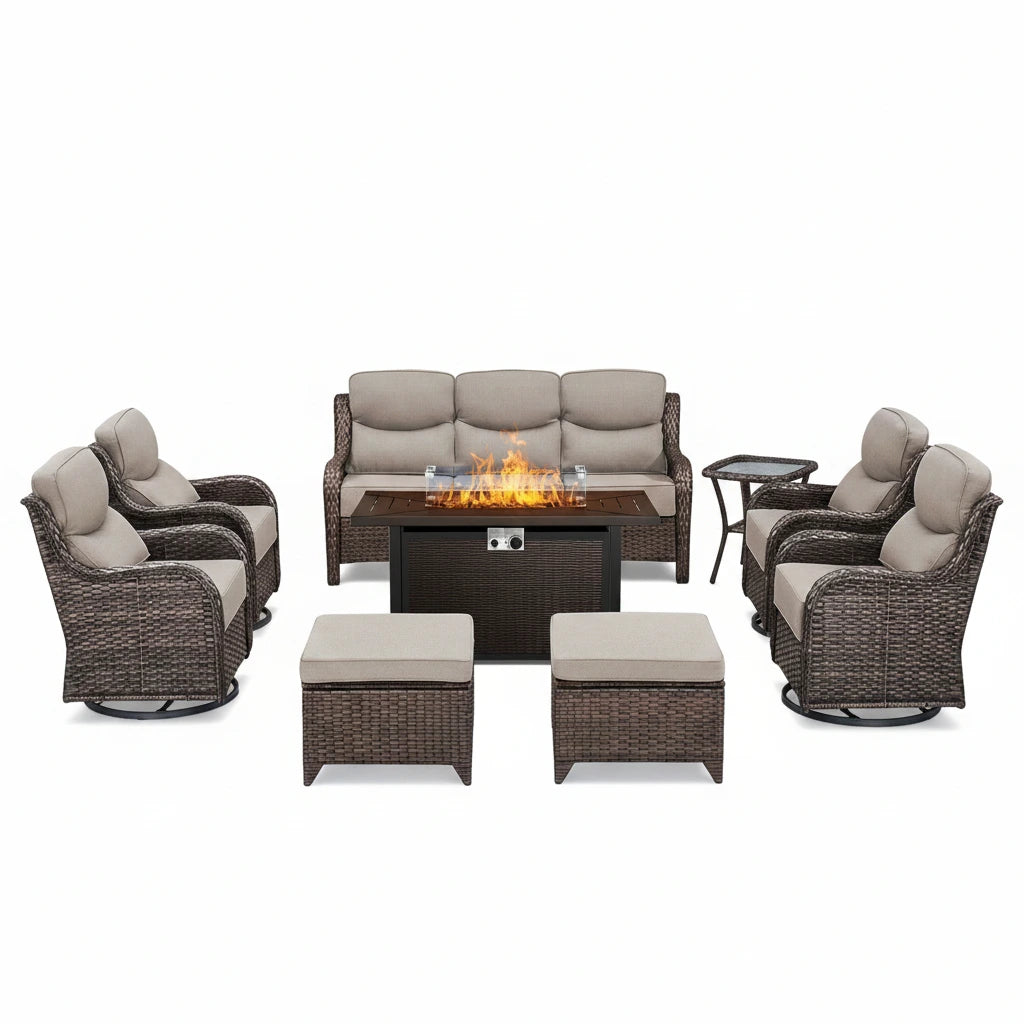 9-Piece Outdoor Patio Furniture Set with Fire Pit Table,Swivel Chairs and 6" Thick Cushions,Sectional Sofa and Ottomans,Patio Conversation Set for Porch Deck Garden Backyard