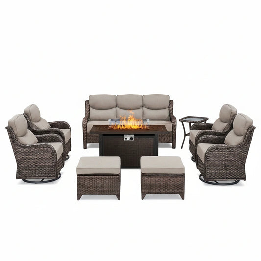 9-Piece Outdoor Patio Furniture Set with Fire Pit Table,Swivel Chairs and 6" Thick Cushions,Sectional Sofa and Ottomans,Patio Conversation Set for Porch Deck Garden Backyard