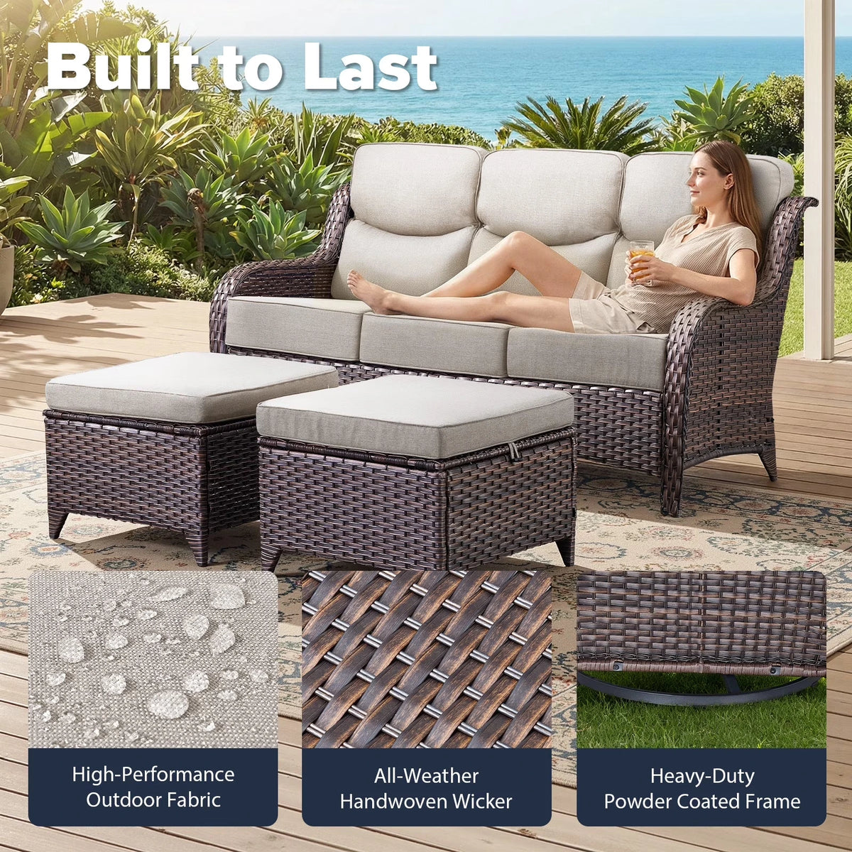 9-Piece Outdoor Patio Furniture Set with Fire Pit Table,Swivel Chairs and 6" Thick Cushions,Sectional Sofa and Ottomans,Patio Conversation Set for Porch Deck Garden Backyard — product view 12