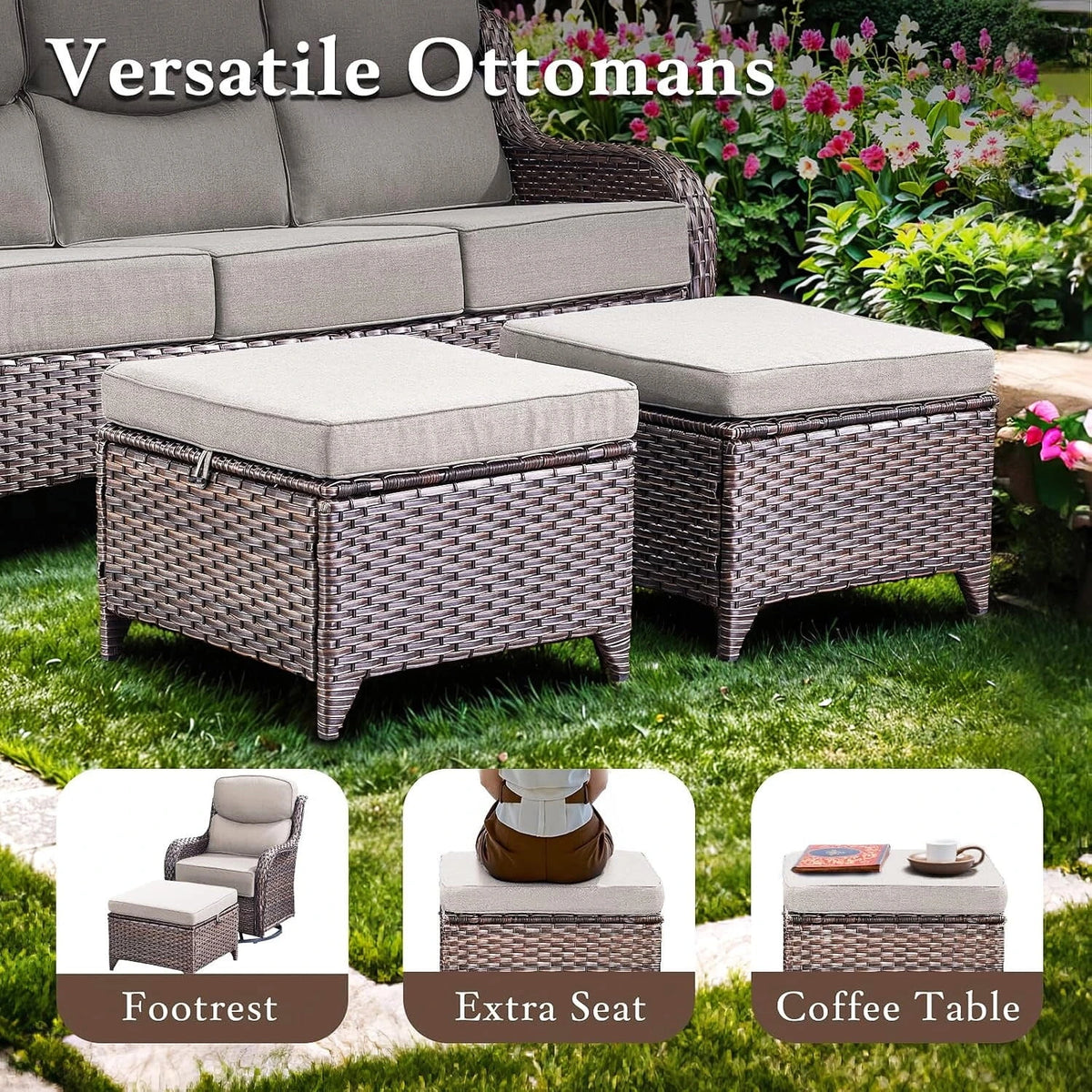 9-Piece Outdoor Patio Furniture Set with Fire Pit Table,Swivel Chairs and 6" Thick Cushions,Sectional Sofa and Ottomans,Patio Conversation Set for Porch Deck Garden Backyard — product view 13