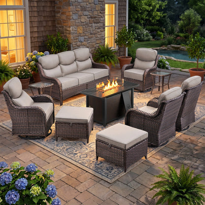 9-Piece Outdoor Patio Furniture Set with Fire Pit Table,Swivel Chairs and 6" Thick Cushions,Sectional Sofa and Ottomans,Patio Conversation Set for Porch Deck Garden Backyard — product view 3