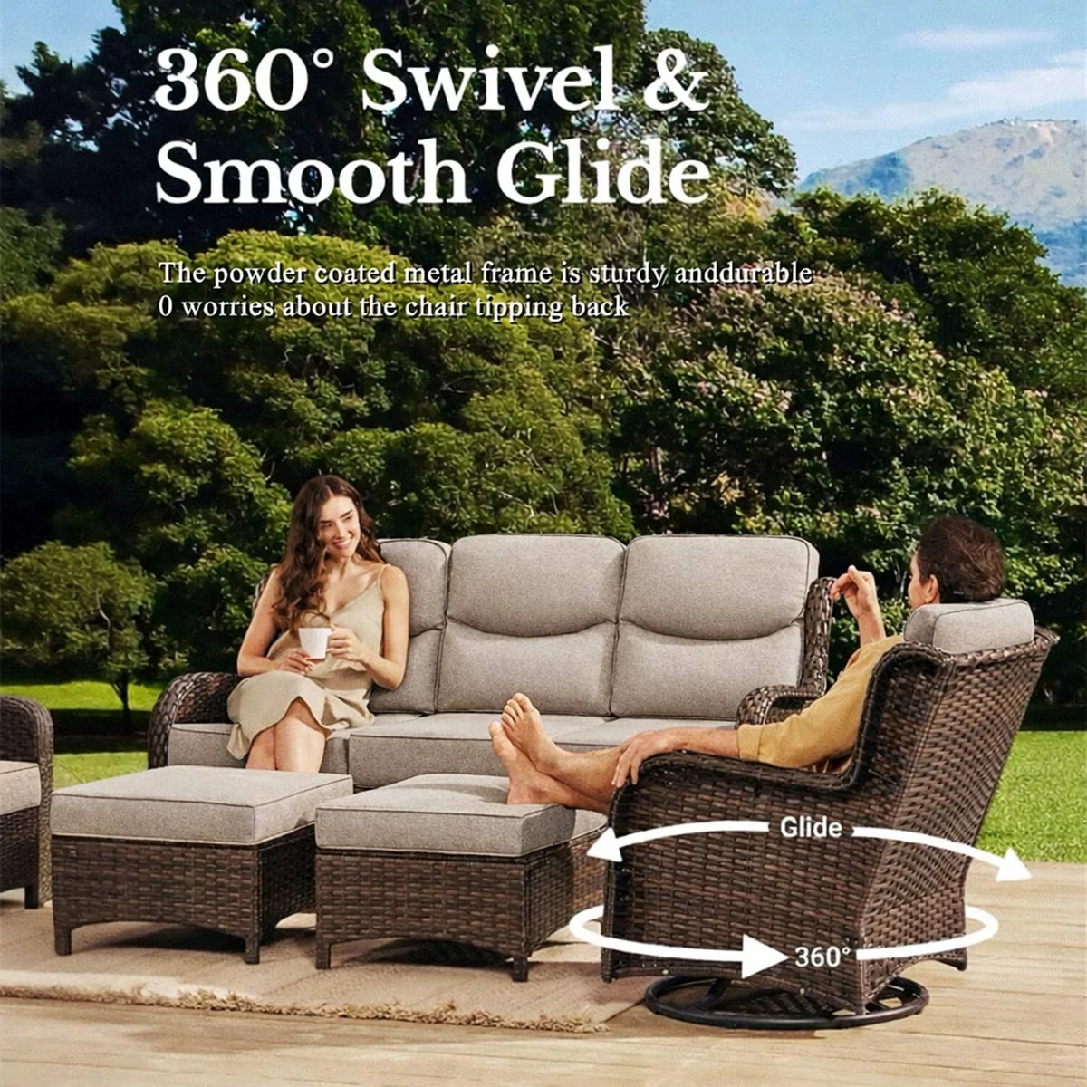 9-Piece Outdoor Patio Furniture Set with Fire Pit Table,Swivel Chairs and 6" Thick Cushions,Sectional Sofa and Ottomans,Patio Conversation Set for Porch Deck Garden Backyard — product view 5