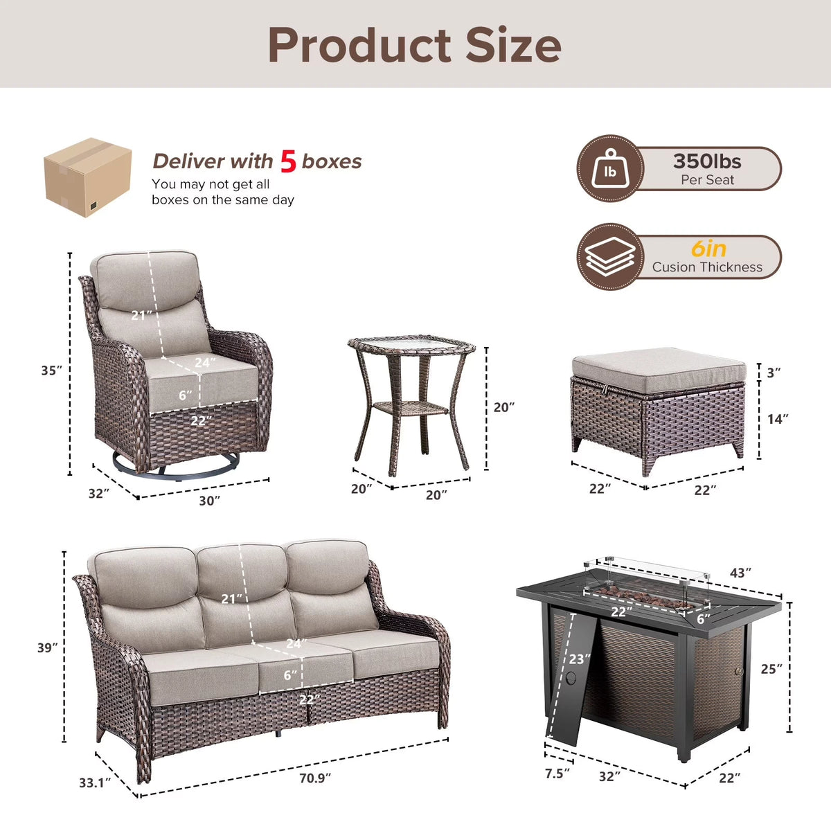9-Piece Outdoor Patio Furniture Set with Fire Pit Table,Swivel Chairs and 6" Thick Cushions,Sectional Sofa and Ottomans,Patio Conversation Set for Porch Deck Garden Backyard — product view 6