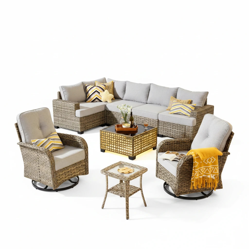 9 Pieces Patio Furniture Set outside Furniture Wicker Patio Conversation Set with Swivel Chairs, Outdoor Furniture for Garden, Gray