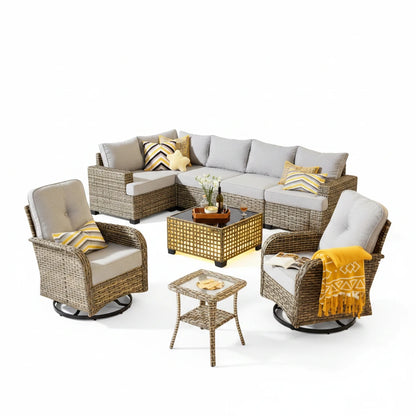 9 Pieces Patio Furniture Set outside Furniture Wicker Patio Conversation Set with Swivel Chairs, Outdoor Furniture for Garden, Gray