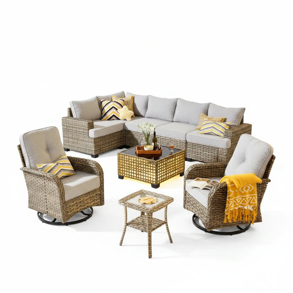 9 Pieces Patio Furniture Set outside Furniture Wicker Patio Conversation Set with Swivel Chairs, Outdoor Furniture for Garden, Gray