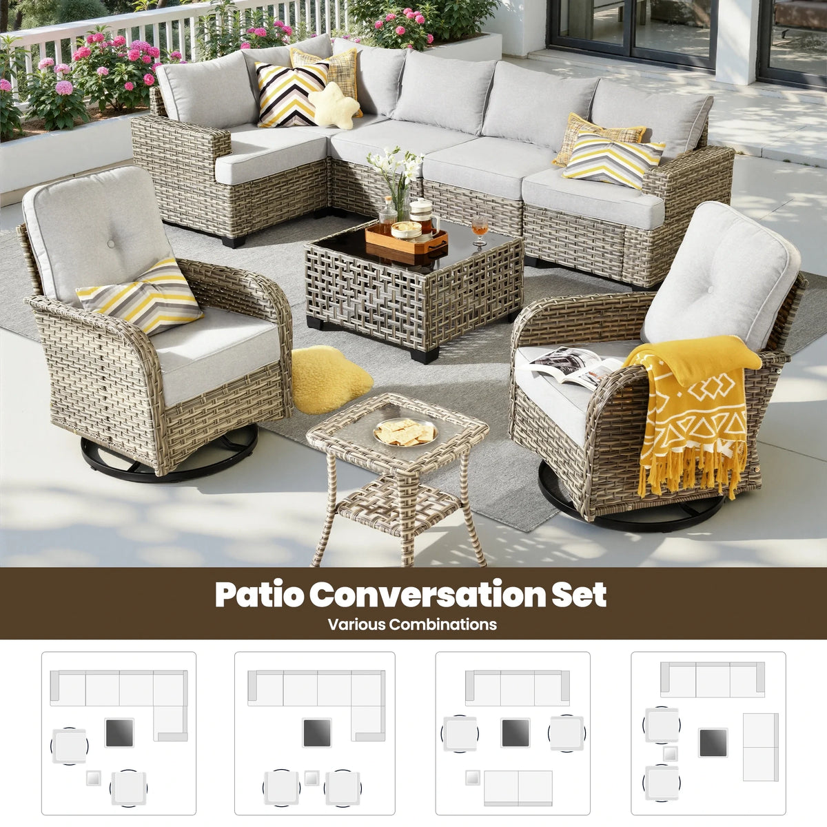 9 Pieces Patio Furniture Set outside Furniture Wicker Patio Conversation Set with Swivel Chairs, Outdoor Furniture for Garden, Gray — product view 13