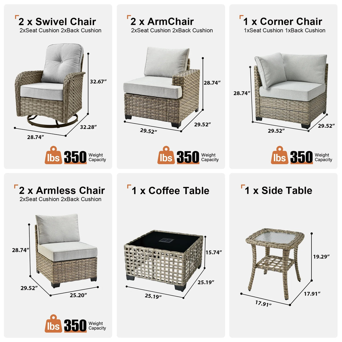 9 Pieces Patio Furniture Set outside Furniture Wicker Patio Conversation Set with Swivel Chairs, Outdoor Furniture for Garden, Gray — product view 3