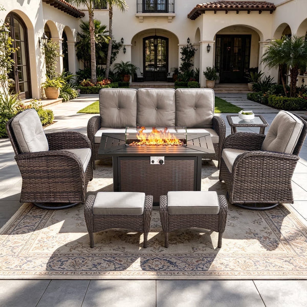 7-Piece Rattan Wicker Patio Set with Fire Pit Table