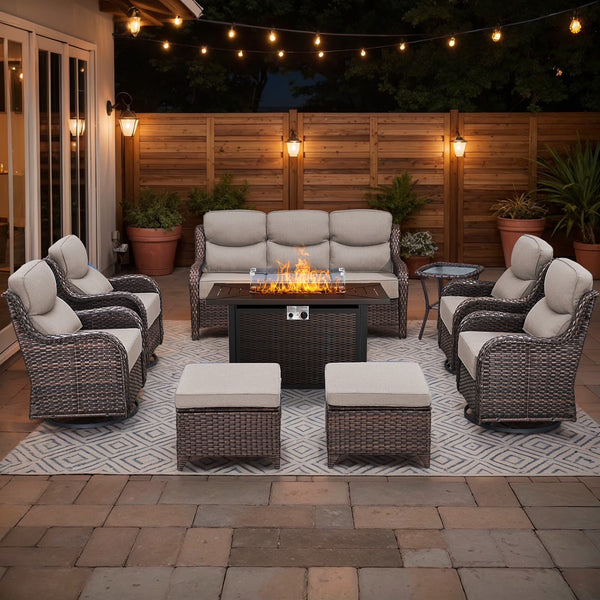 9-Piece Patio Furniture Set with Fire Pit & Swivel Chairs